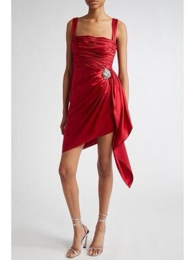 Cinq à Sept Tate Dress in Red Currant Satin Ruched Cocktail Size 8
